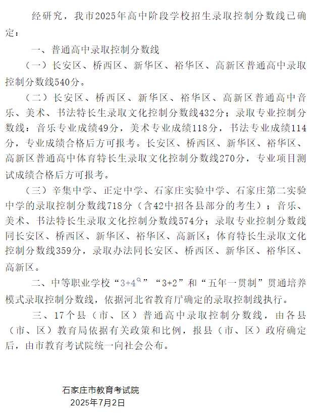 剛剛！2025年河北中考分?jǐn)?shù)線出爐，及石家莊中考一分一檔統(tǒng)計(jì)表